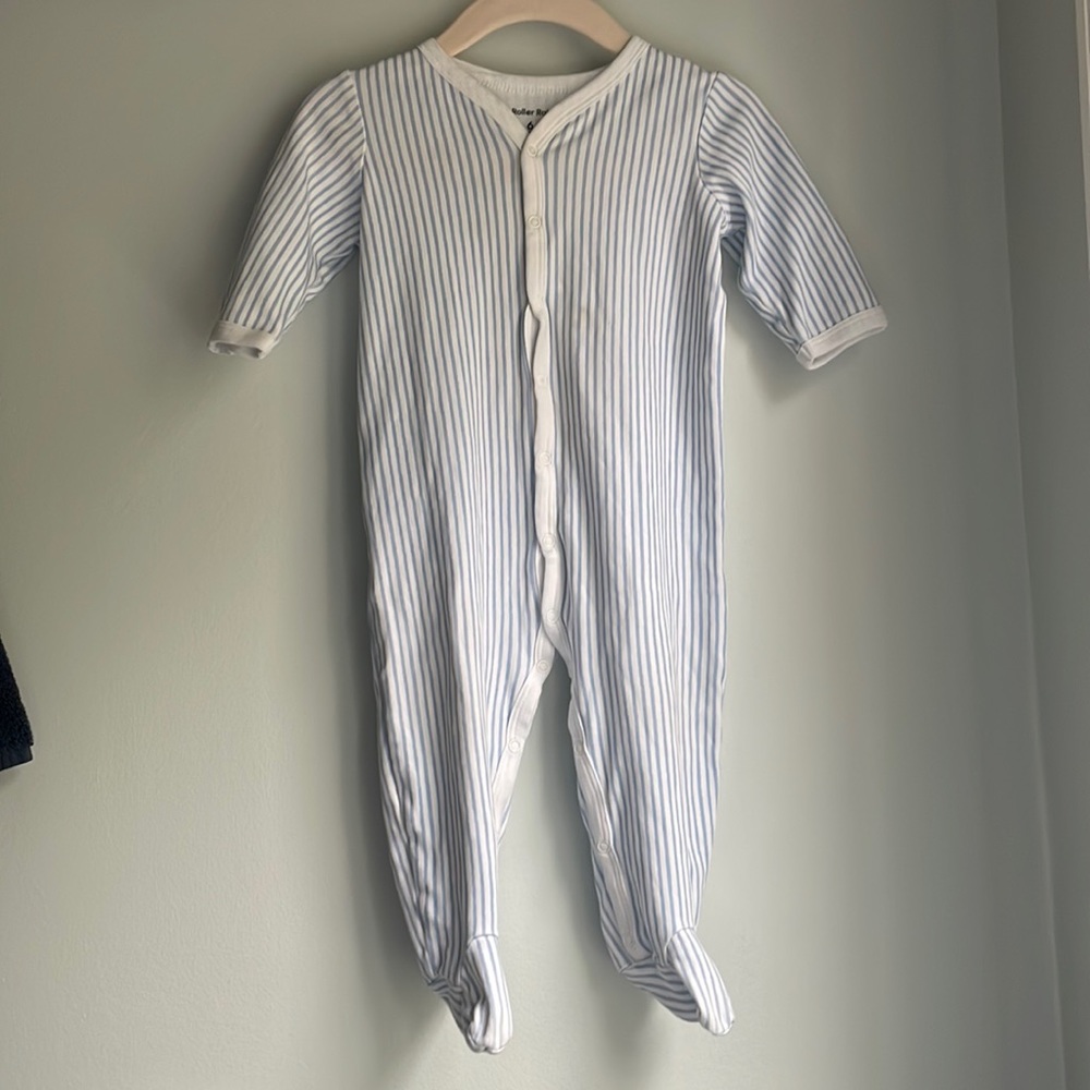 Roller Rabbit blue and white triped footie. Size 6-9 months.
